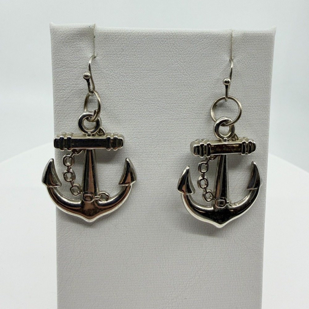Nautical Anchor Drop Earrings Silver Tone Coastal Beach Statement Jewelry
